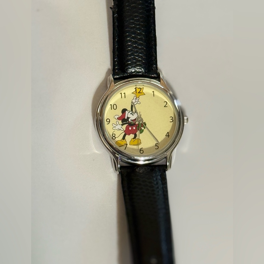 Mickey Mouse Watch with Black Leather Strap